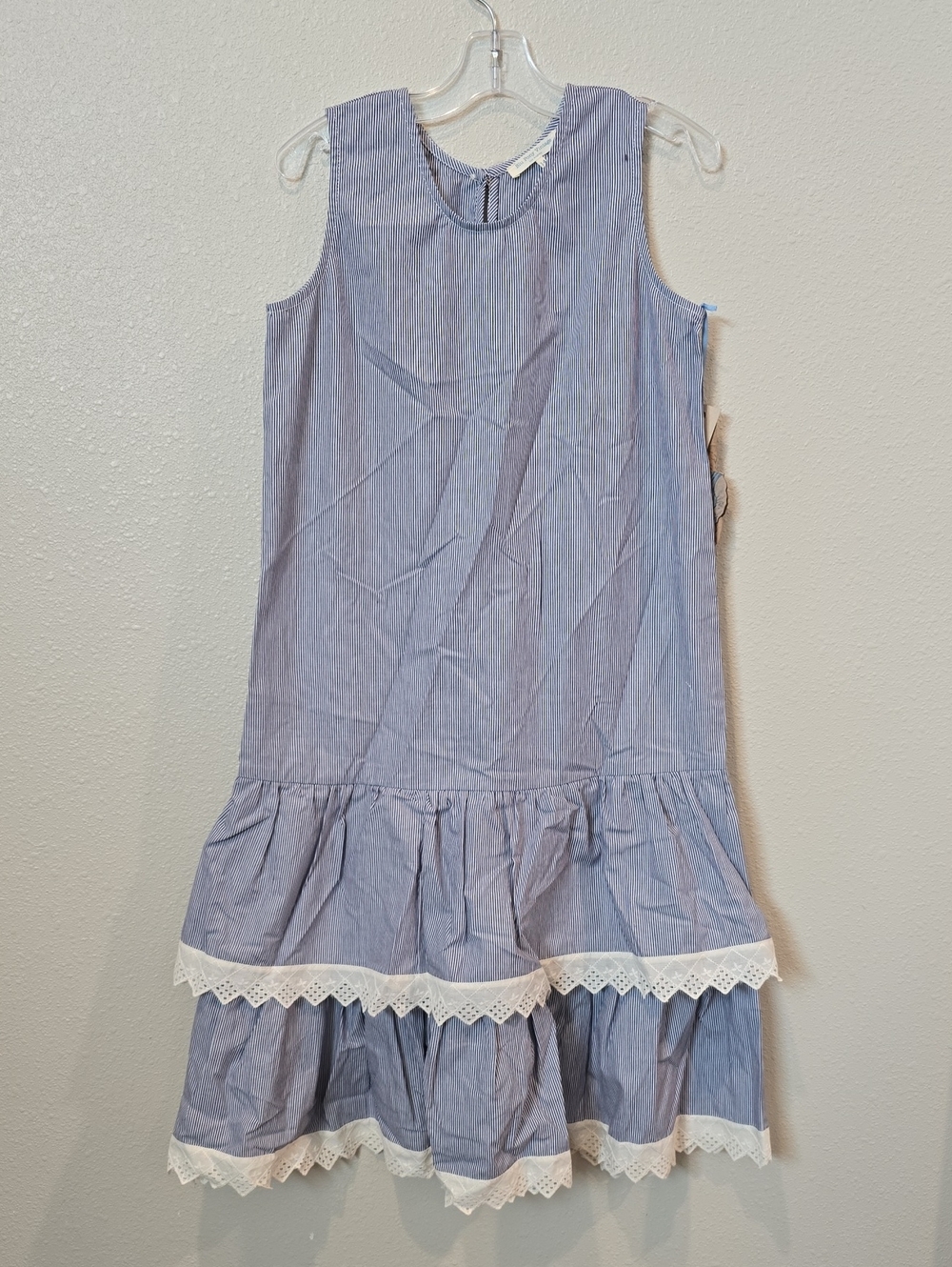 Light Blue Striped Sleeveless Maxi Dress with Lace Trim
